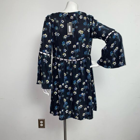 NWT Ella Moss Adara Dress Size M Black Floral Tie Neck Cutouts Bell Sleeve - Picture 6 of 8